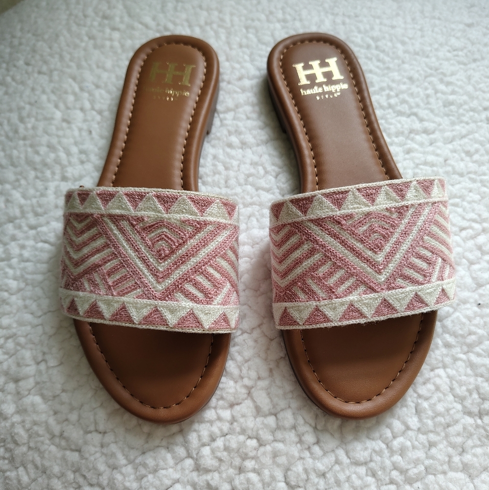 *NWOT* Haute Hippie Women's Size 7.5 Pink White Tan Slip-on Sandals Knit Design - Picture 8 of 12